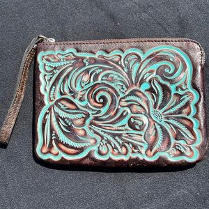 Patricia Nash brown and turquoise clutch.  Like new.